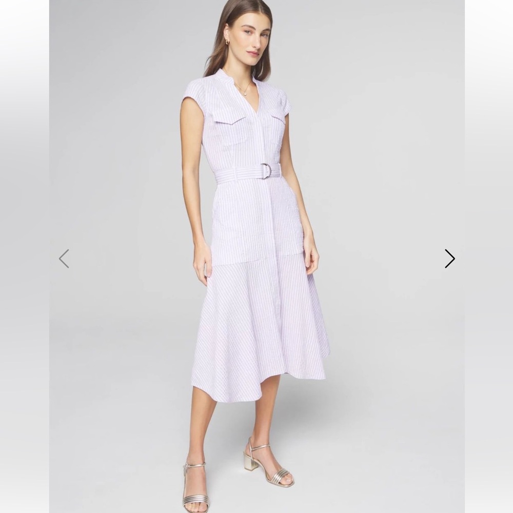 WHBM Seersucker Utility Midi Dress Gray White Striped Linen Cotton blend size 12
